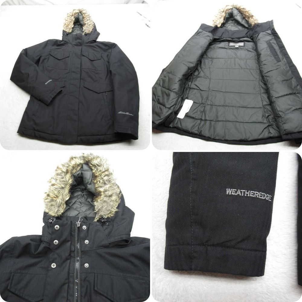 Eddie Bauer Down Jacket Womens Small Black Waterproof Faux Fur Hood insulated